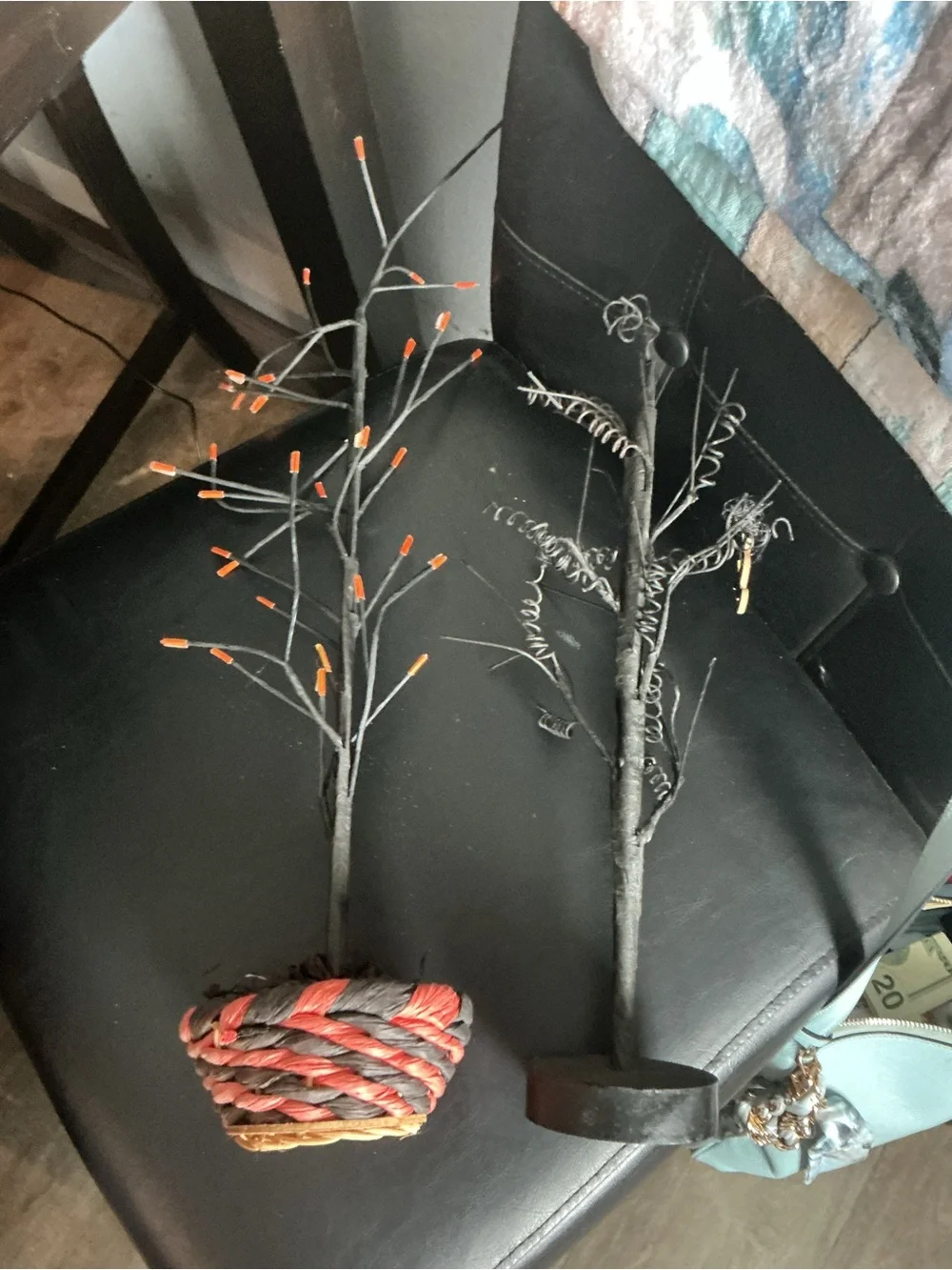 lot of two vintage Halloween trees with wood ornaments please see pictures